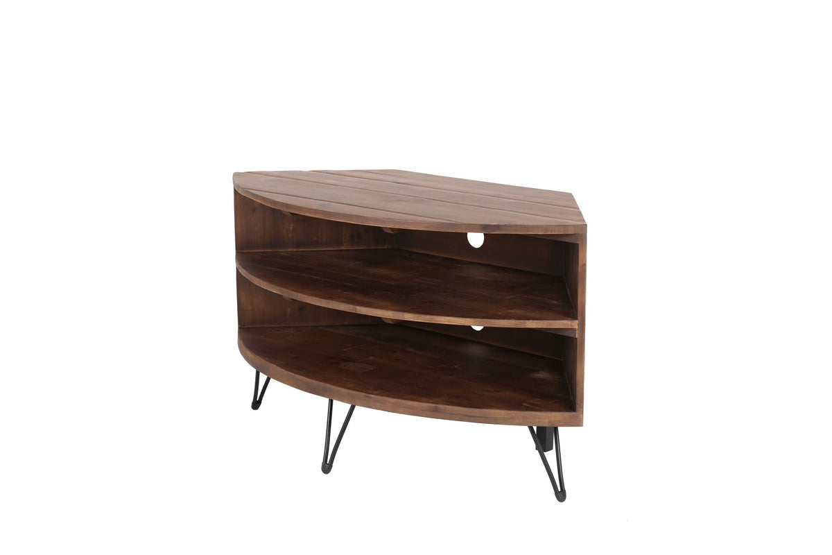 Fan shape reclaimed wood corner TV stand with shelves and hairpin legs by HouseOfZazla on Tampa Home & Garden Store