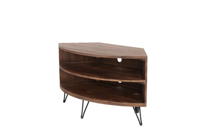 Fan shape reclaimed wood corner TV stand with shelves and hairpin legs by HouseOfZazla on Tampa Home & Garden Store