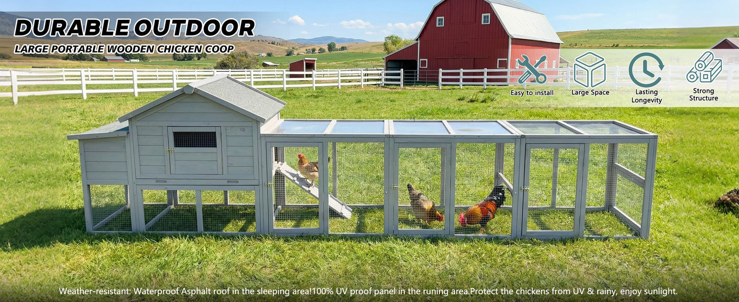 141-inch gray large wooden chicken coop with nesting box and wire-mesh run panels HouseOfZazla on Tampa Home & Garden Store