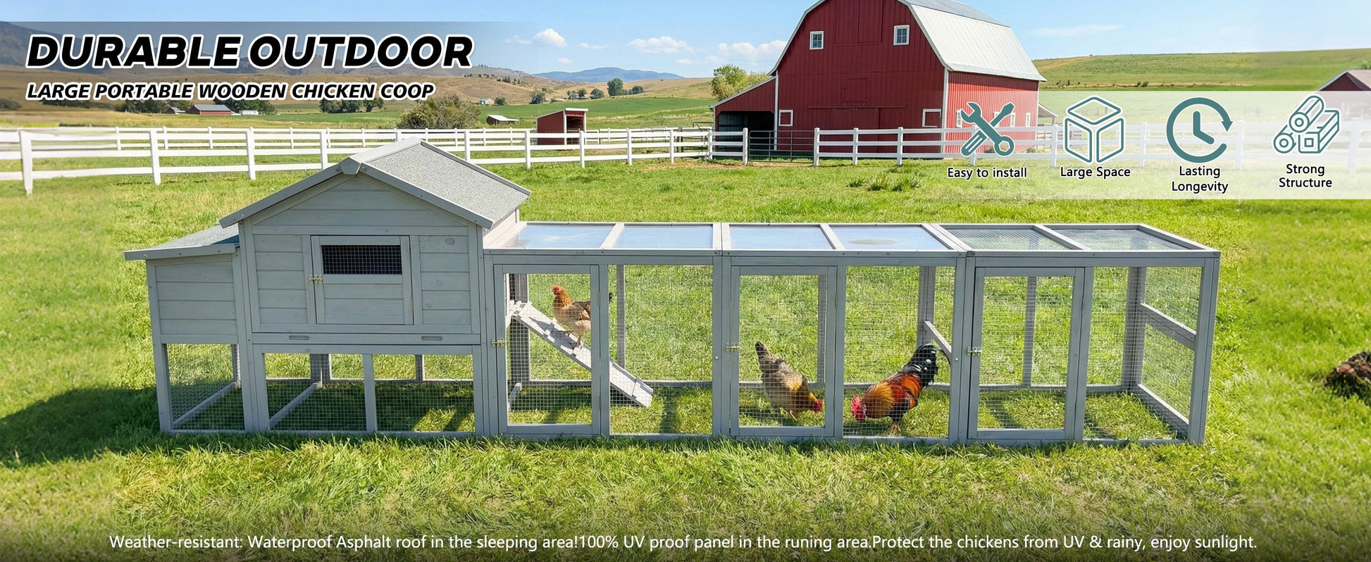 141-inch gray large wooden chicken coop with nesting box and wire-mesh run panels HouseOfZazla on Tampa Home & Garden Store