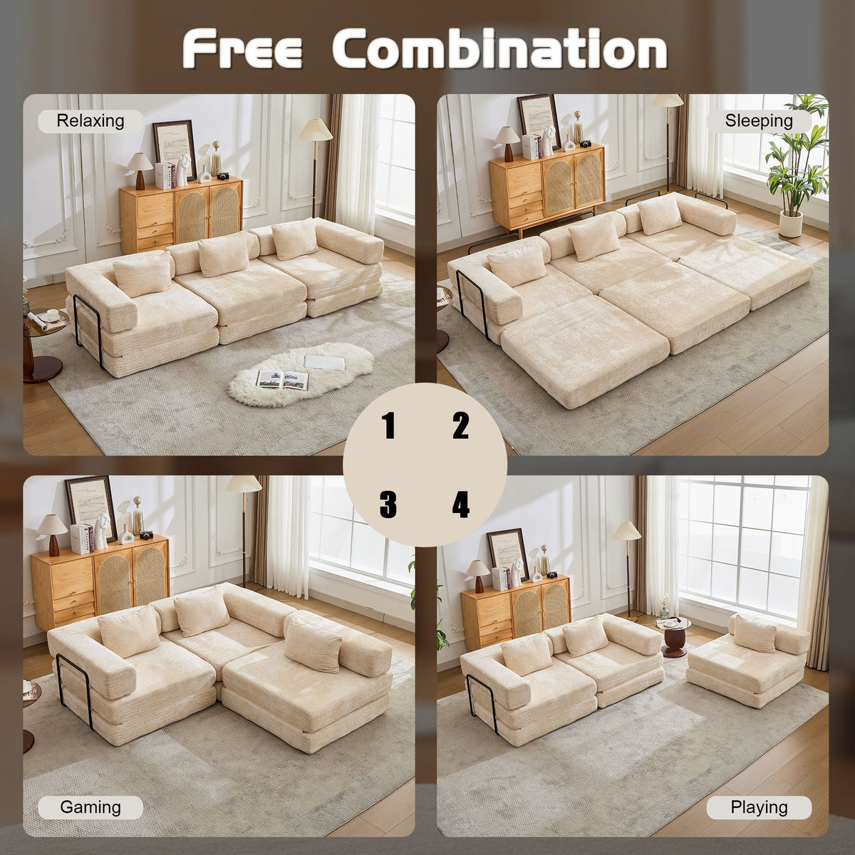 Convertible Sofa Bed boneless modular futon HouseOfZazla beige living room four configurations on Tampa Home & Garden Store