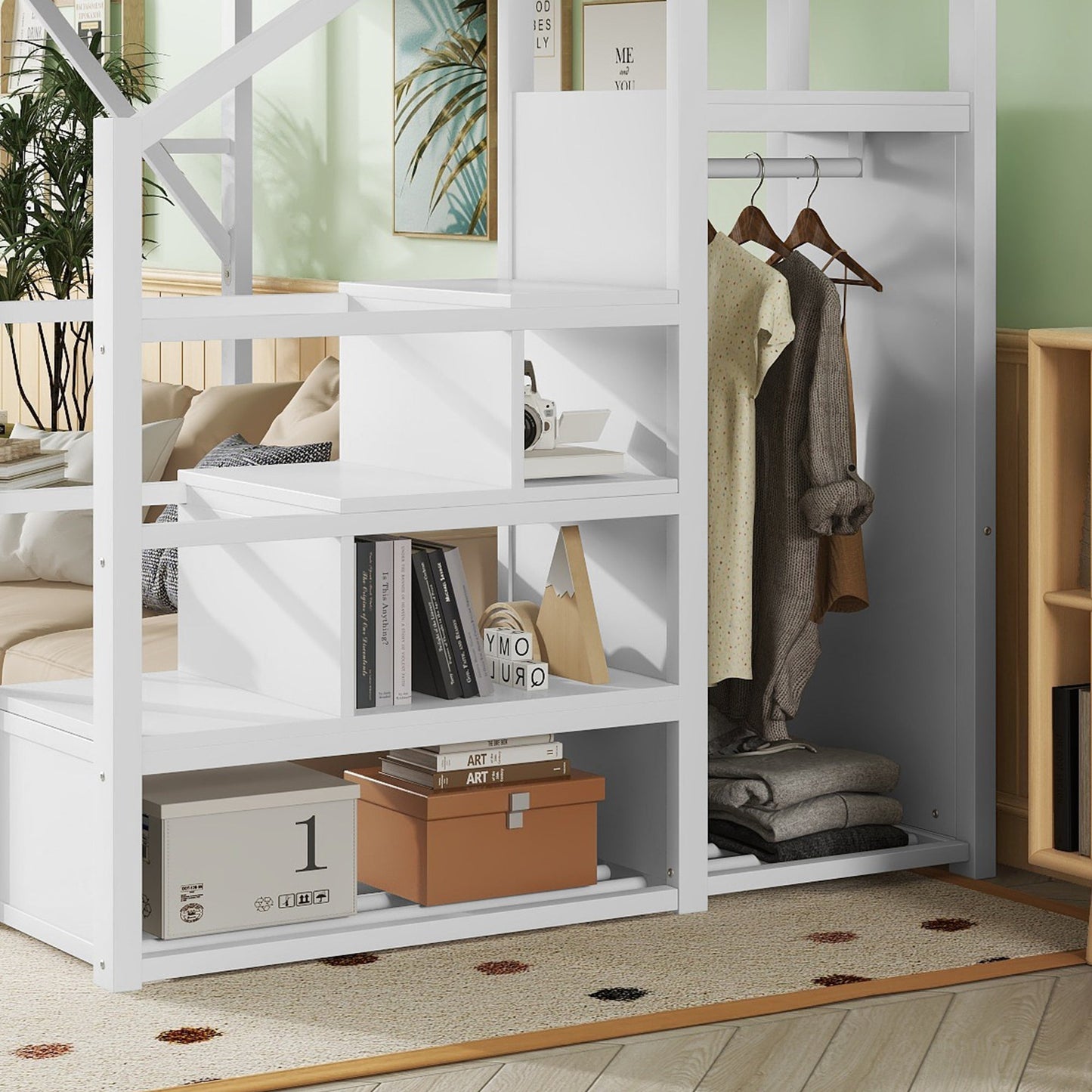 Full size loft bed with stairs and storage shelves in white HouseOfZazla on Tampa Home & Garden Store