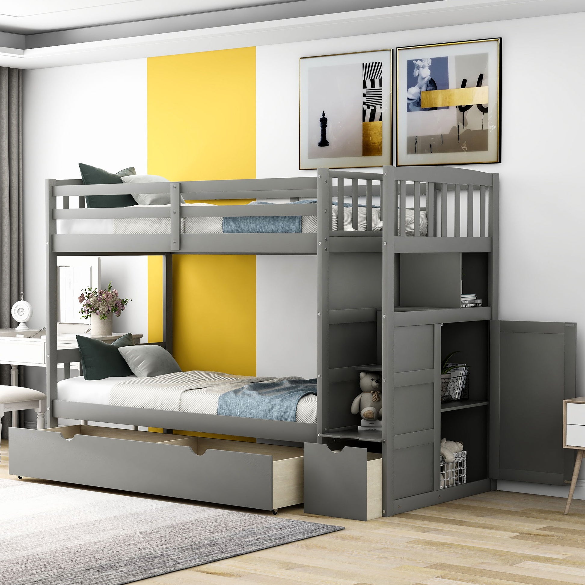 Gray bunk bed with convertible bottom bed and built-in storage shelves and drawers on Tampa Home & Garden Store