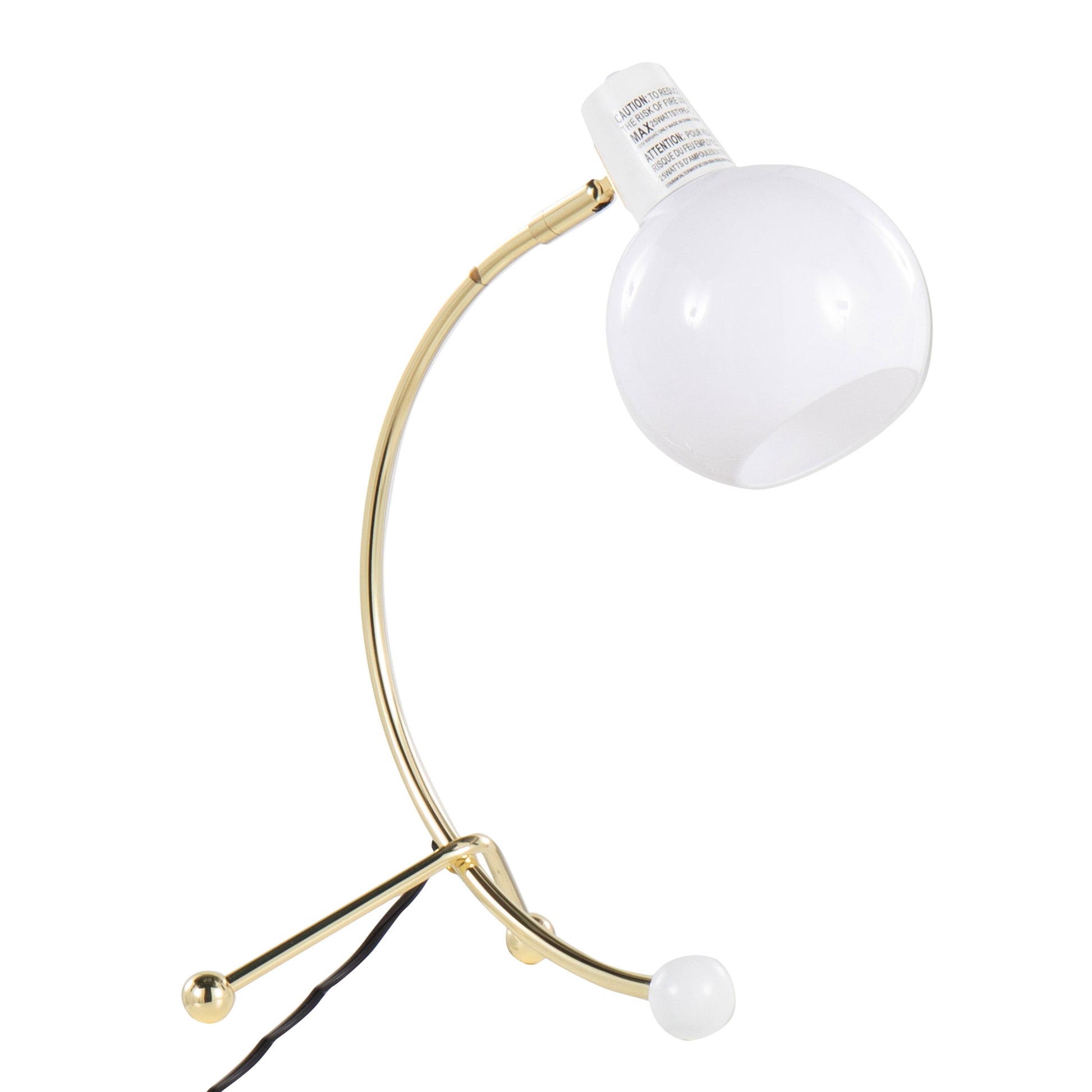 Eileen Contemporary Task Lamp gold metal with white globe shade and black cord table lamp on Tampa Home & Garden Store