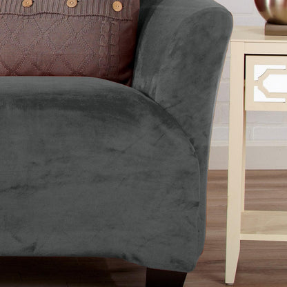 Velvet Stretch Slipcover Gale Collection slate gray on sofa by Great Bay Home on Tampa Home & Garden Store