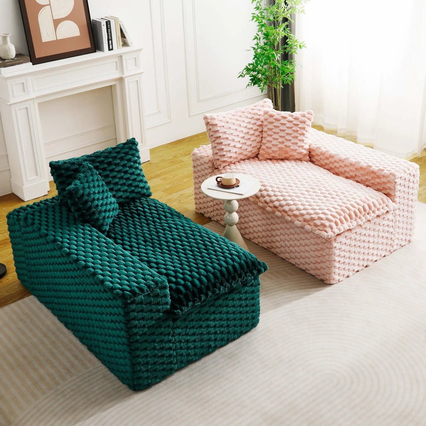 Luxury Multifunctional Sofa For Living Room pink and teal knitted poufs in living space on Tampa Home & Garden Store