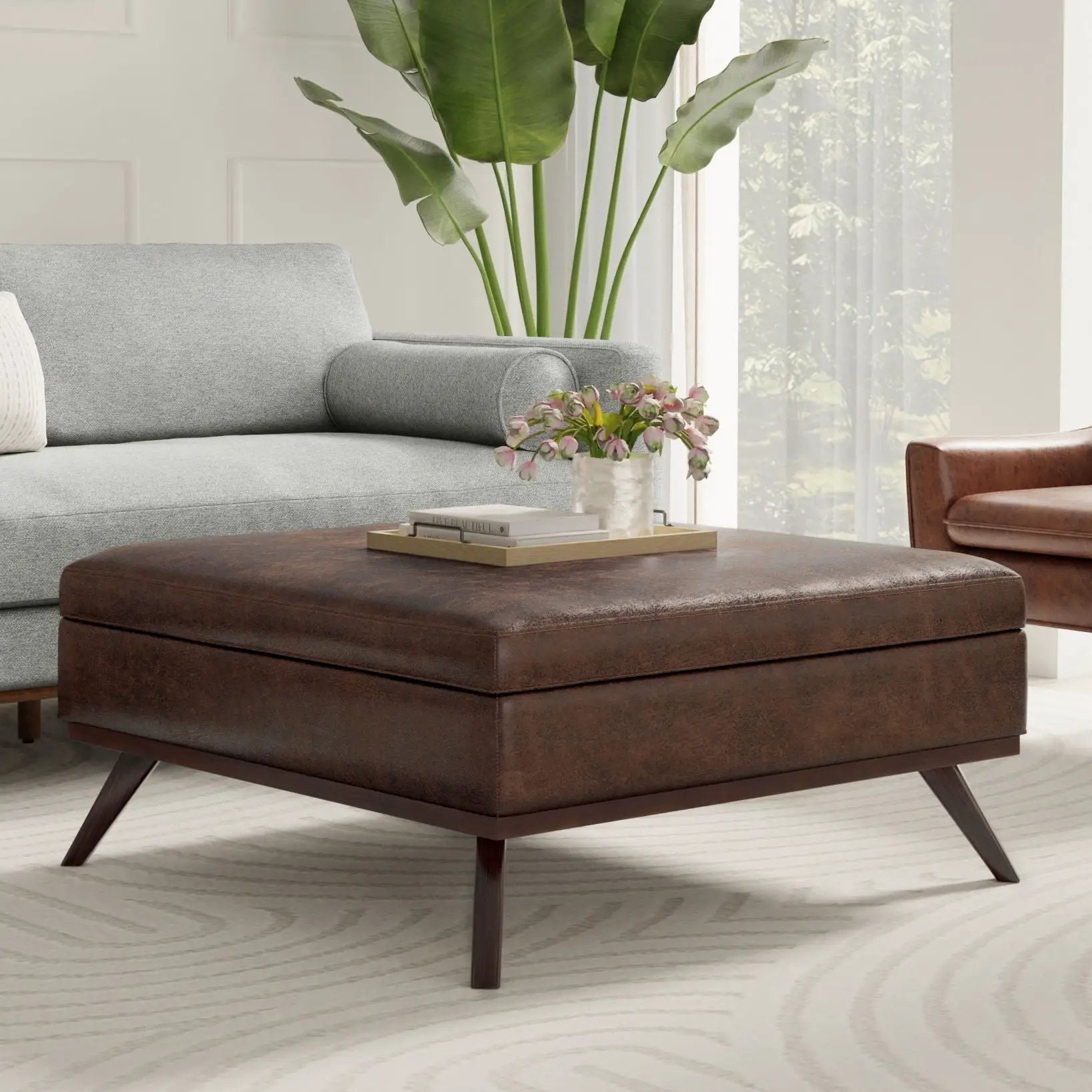 Owen - Multifunctional Square Coffee Table Storage Ottoman in dark brown leather with wood legs on Tampa Home & Garden Store