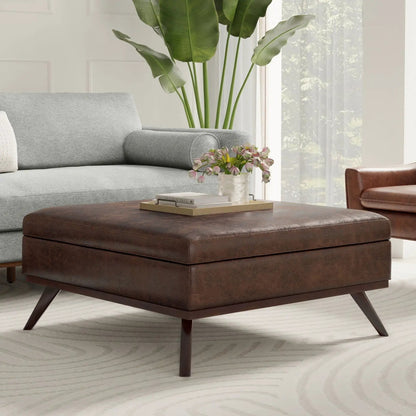 Owen - Multifunctional Square Coffee Table Storage Ottoman in dark brown leather with wood legs on Tampa Home & Garden Store