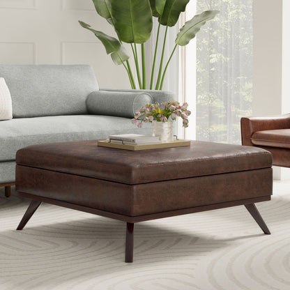 Square lift-top coffee table and storage ottoman in brown leather on Tampa Home & Garden Store