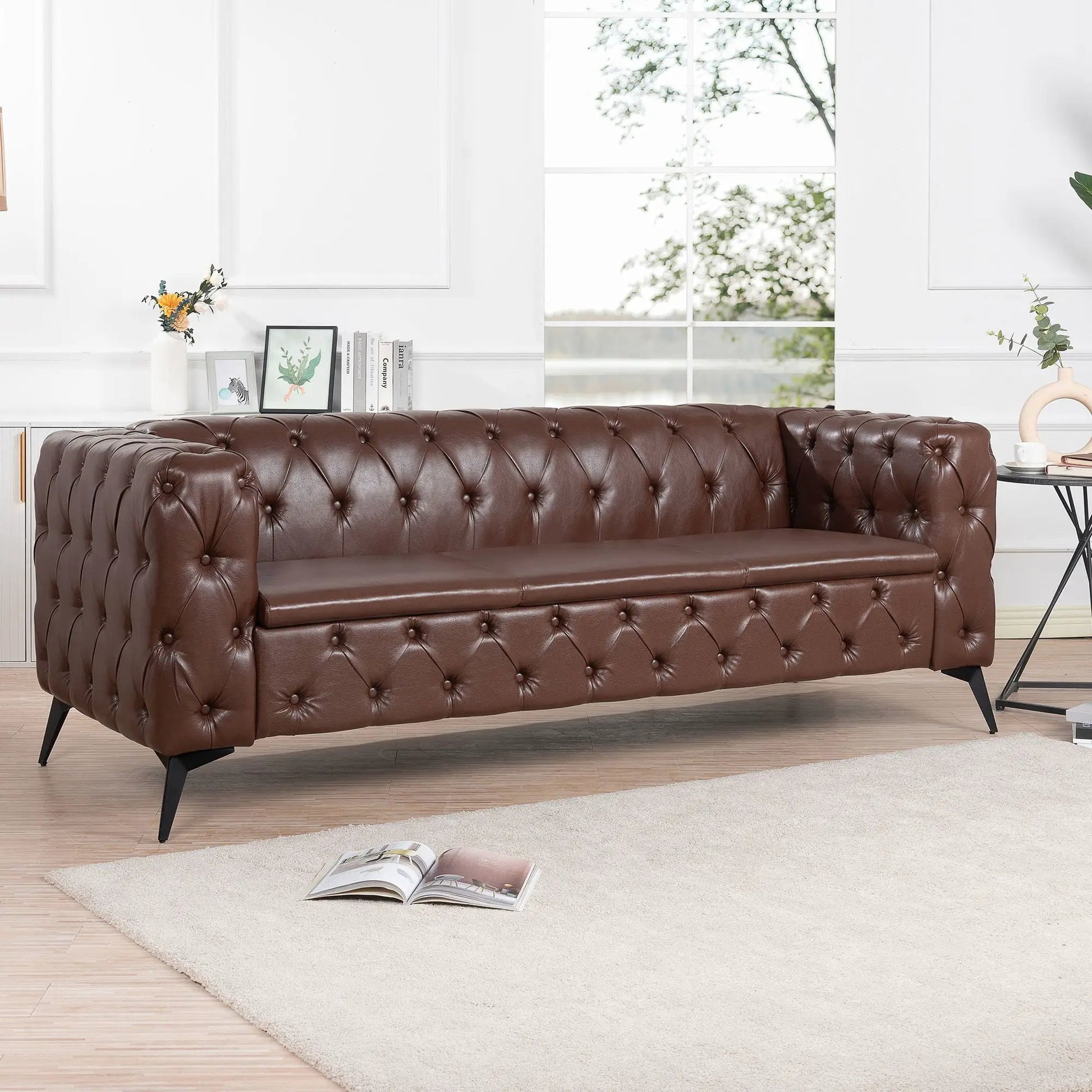 Square Arm Removable Cushion 3 Seater Leather Sofa with removable cushions, brown tufted on Tampa Home & Garden Store