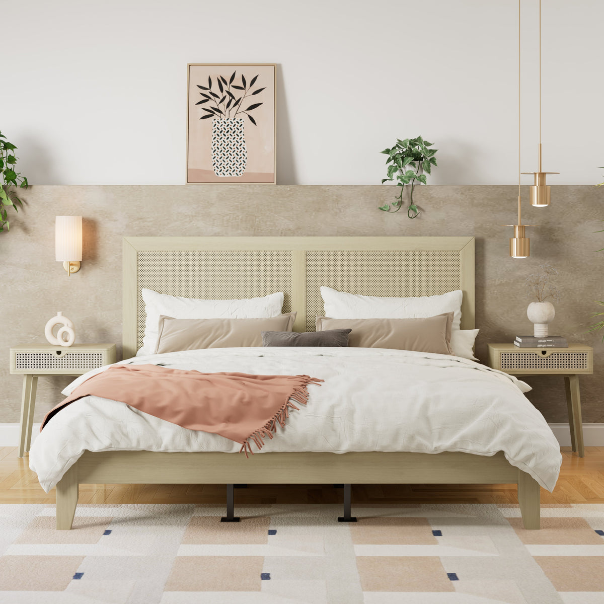 Solid wood California King platform bed with woven rattan headboard panels on Tampa Home & Garden Store