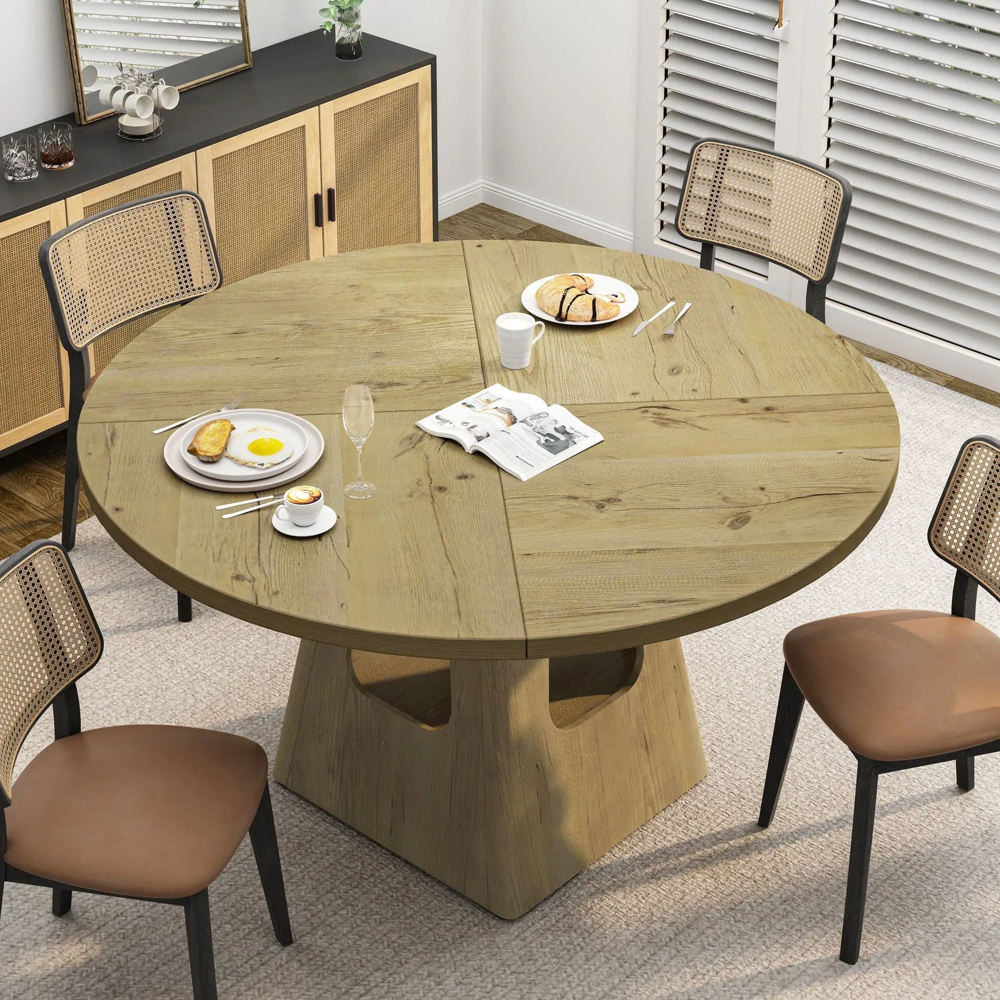 Farmhouse Round Dining Table With Storage Base by Unique Piece Furniture in natural wood on Tampa Home & Garden Store