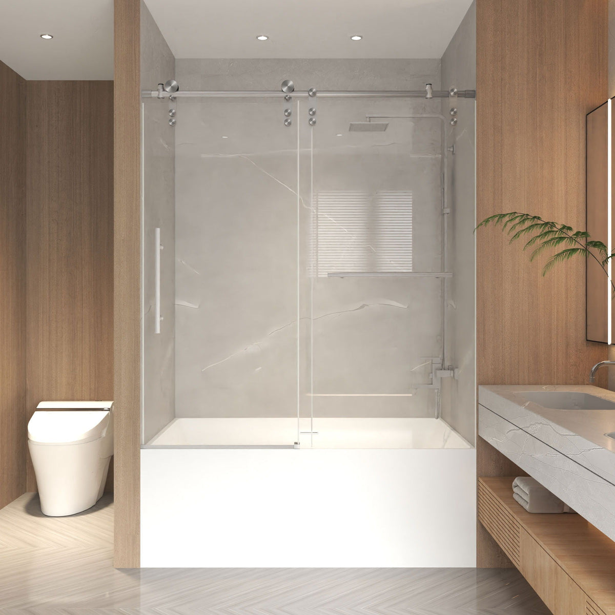 Frameless sliding bathtub door with tempered glass and silver hardware on Tampa Home & Garden Store