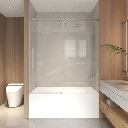 Frameless sliding bathtub door with tempered glass and silver hardware on Tampa Home & Garden Store