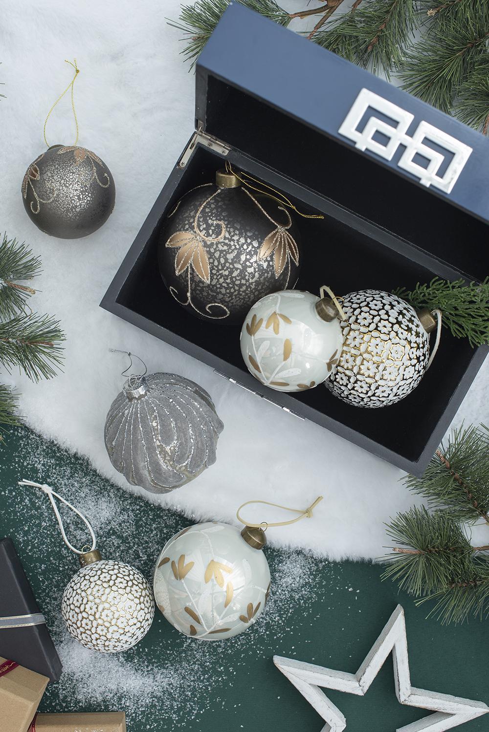 Decorative hanging glass Christmas ball ornaments set of 6 in gray and white with gold patterns on Tampa Home & Garden Store