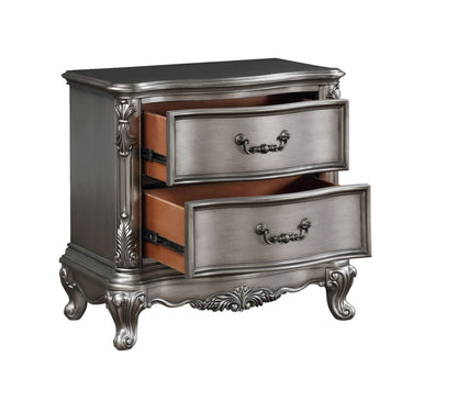 Ariadne Nightstand antique silver finish, ornate carved details, 2 drawers and dark wood top on Tampa Home & Garden Store