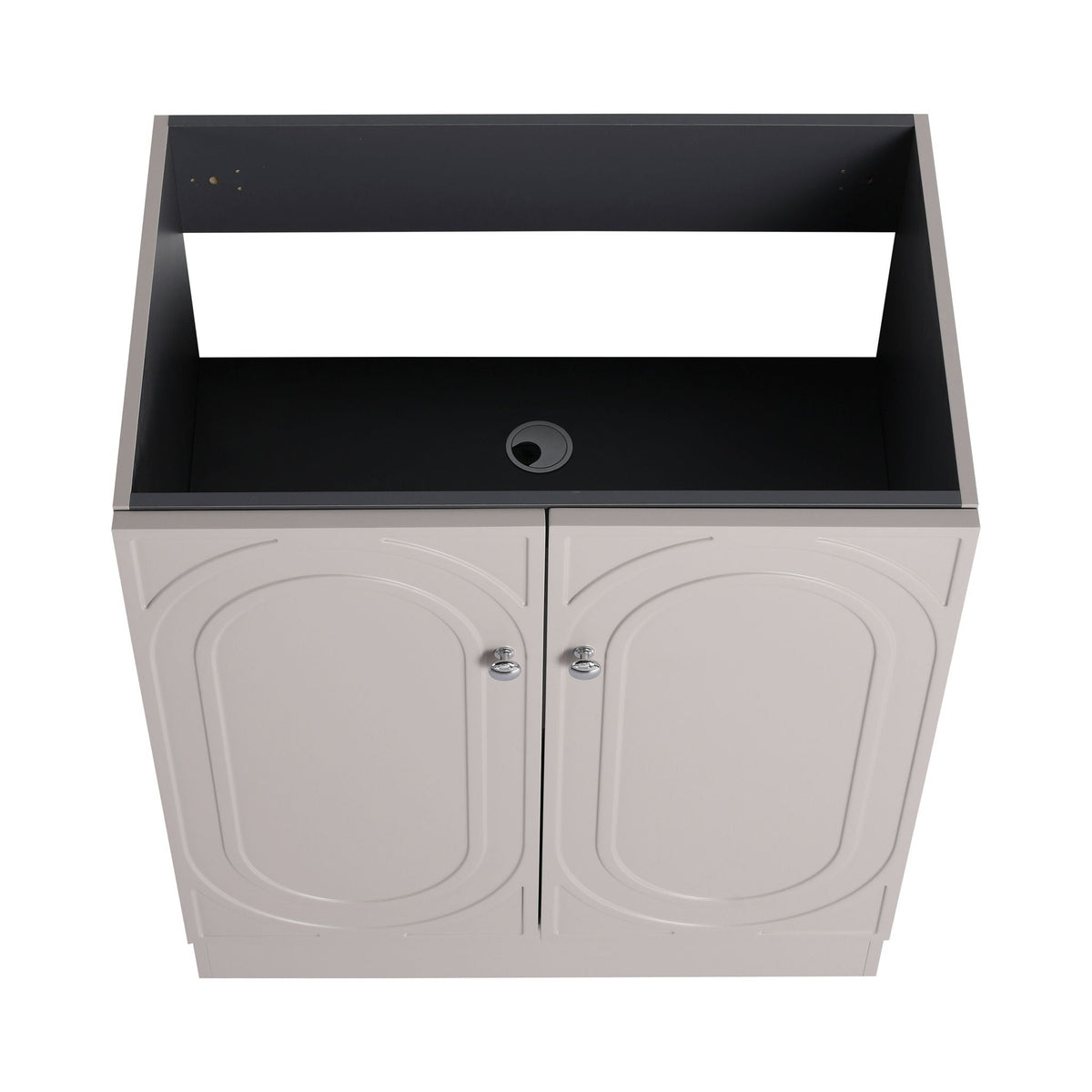 Freestanding bathroom vanity with soft-close doors, beige cabinet with arched panels on Tampa Home & Garden Store