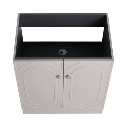 Freestanding bathroom vanity with soft-close doors, beige cabinet with arched panels on Tampa Home & Garden Store
