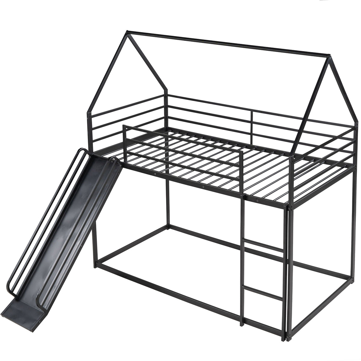 HouseOfZazla Twin Over Twin bunk bed with ladder and slide, black metal frame on Tampa Home & Garden Store