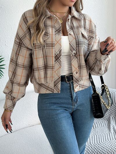 Stevvex Plaid Button Up Jacket beige with orange accents worn with white top and blue jeans on Tampa Home & Garden Store
