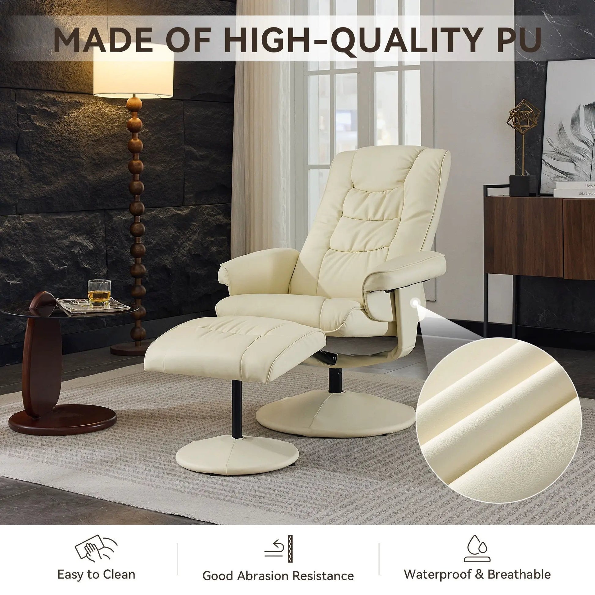 Recliner Chair With Ottoman, cream PU leather, 360° swivel on Tampa Home & Garden Store