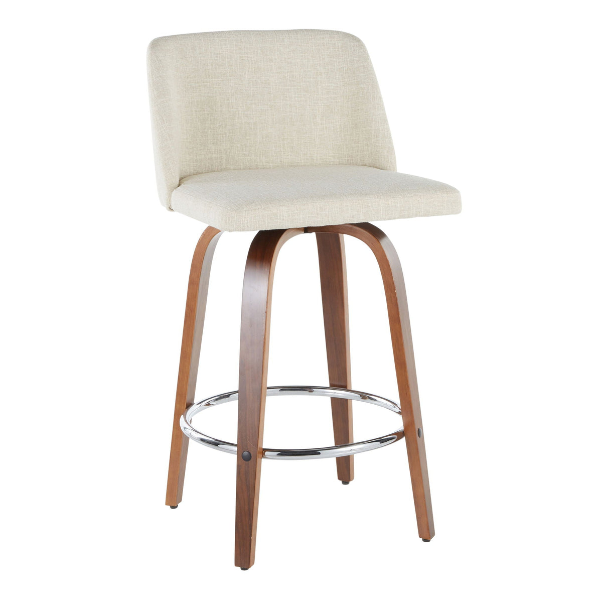 Mid-Century modern counter stool with padded beige upholstery and curved wood legs, chrome foot ring on Tampa Home & Garden Store