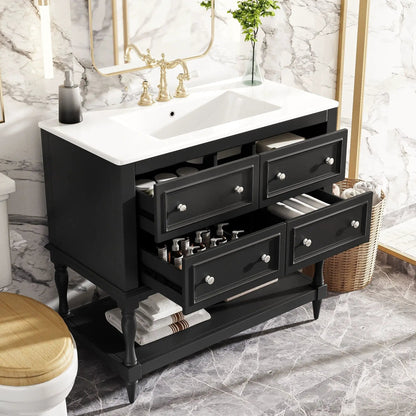 Bathroom vanity with undermount sink, black cabinet and white countertop, 4 drawers on Tampa Home & Garden Store