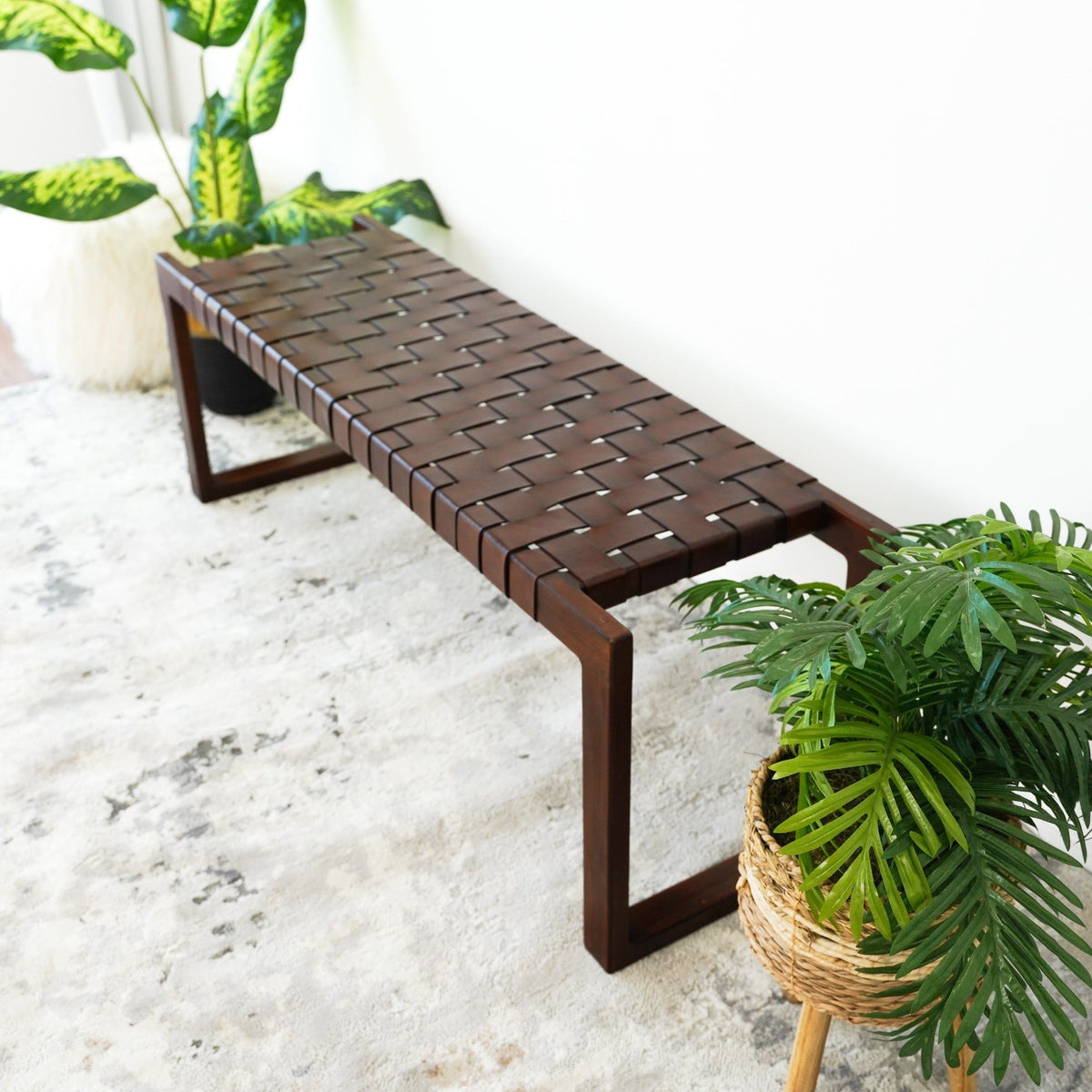 Cognac brown upholstered bench with genuine leather woven seat, mid-century modern style on Tampa Home & Garden Store