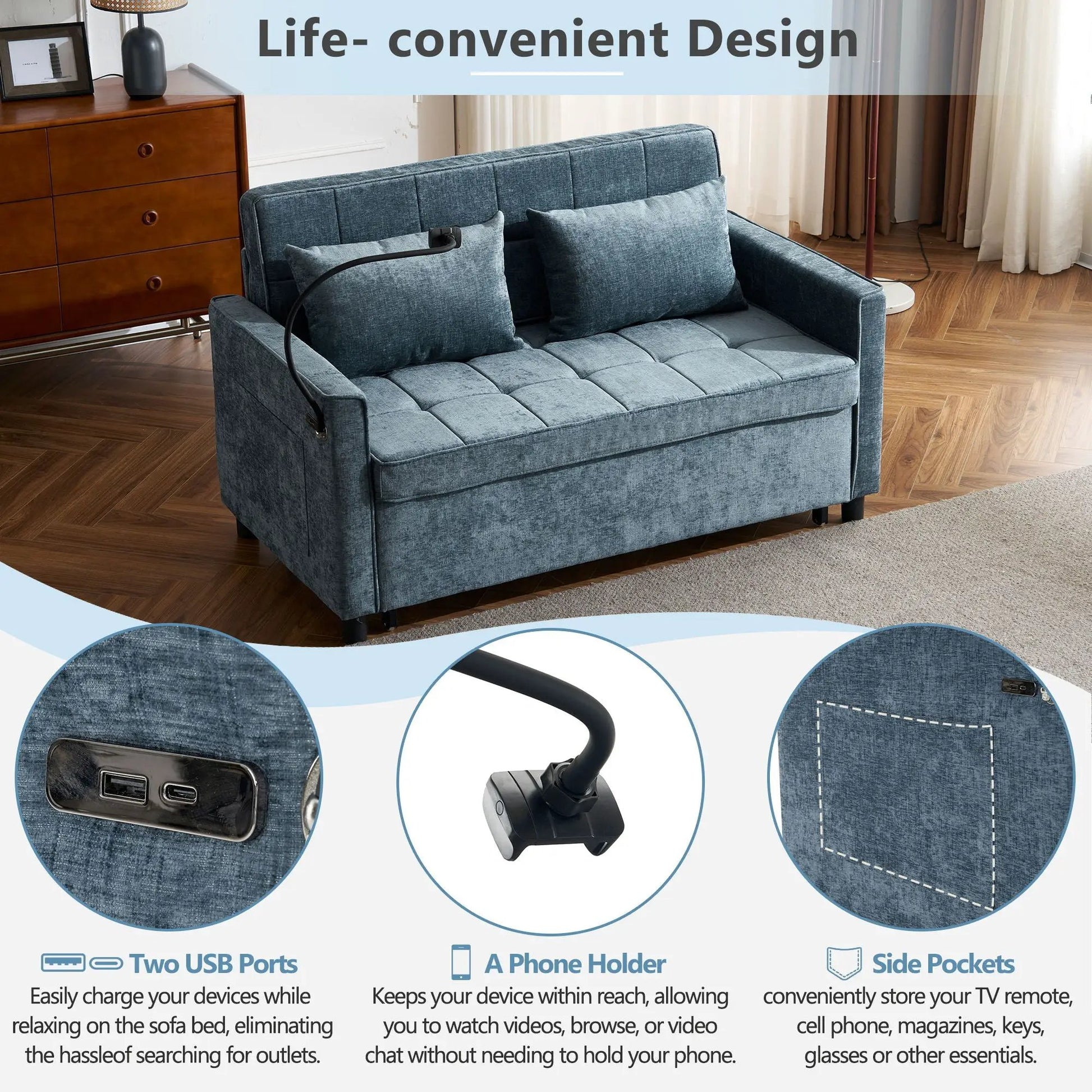 Pull-Out Sleeper Sofa in blue fabric with tufted cushions, side pockets, USB ports and phone holder on Tampa Home & Garden Store