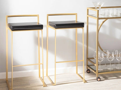 Barstool set Fuji Contemporary Glam with gold frames and black leather cushions, 2 stools on Tampa Home & Garden Store