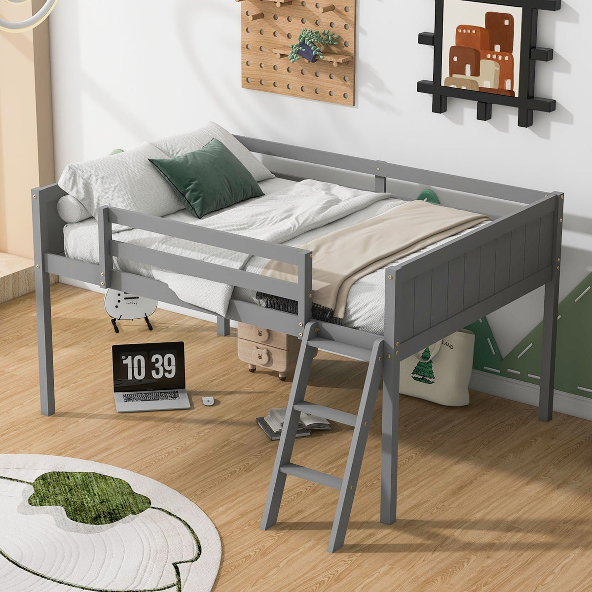 Low Loft Bed With Adjustable Ladder gray wooden frame by HouseOfZazla on Tampa Home & Garden Store