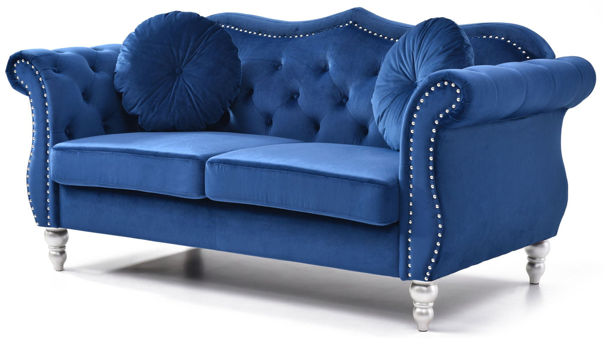 Stylish Flared Arm Loveseat in royal blue velvet with tufted back and nailhead trim on Tampa Home & Garden Store