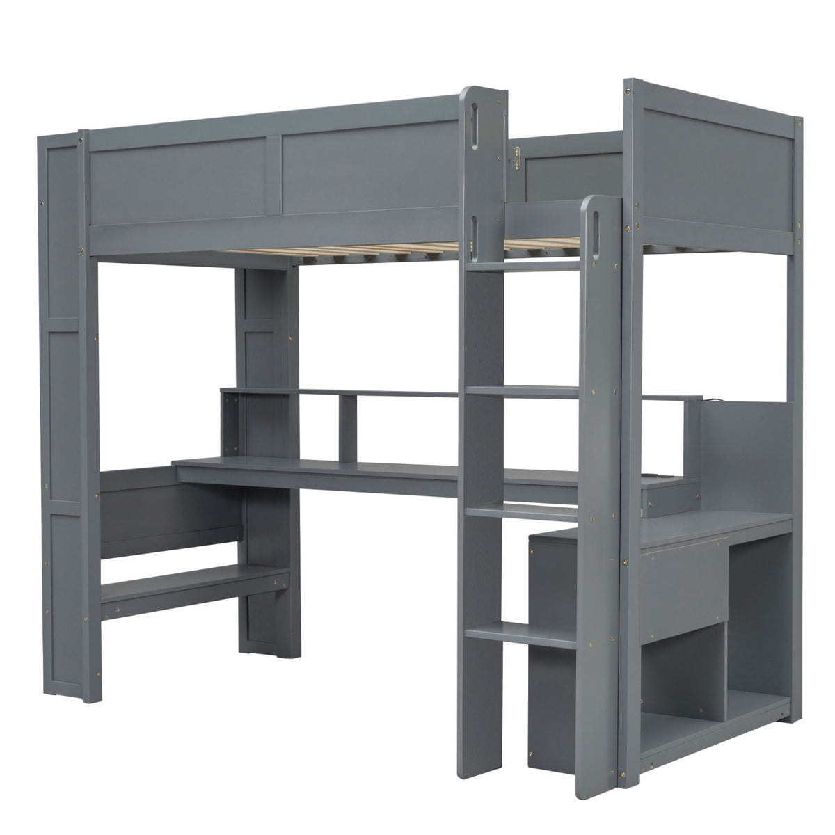Gaming Loft Bed with Desk by HouseOfZazla, grey wood frame with integrated storage shelves on Tampa Home & Garden Store