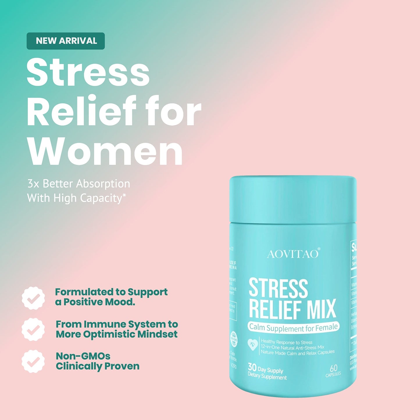 Stress relief mix supplement for women by Perfecsy in a teal bottle, new arrival on Tampa Home & Garden Store