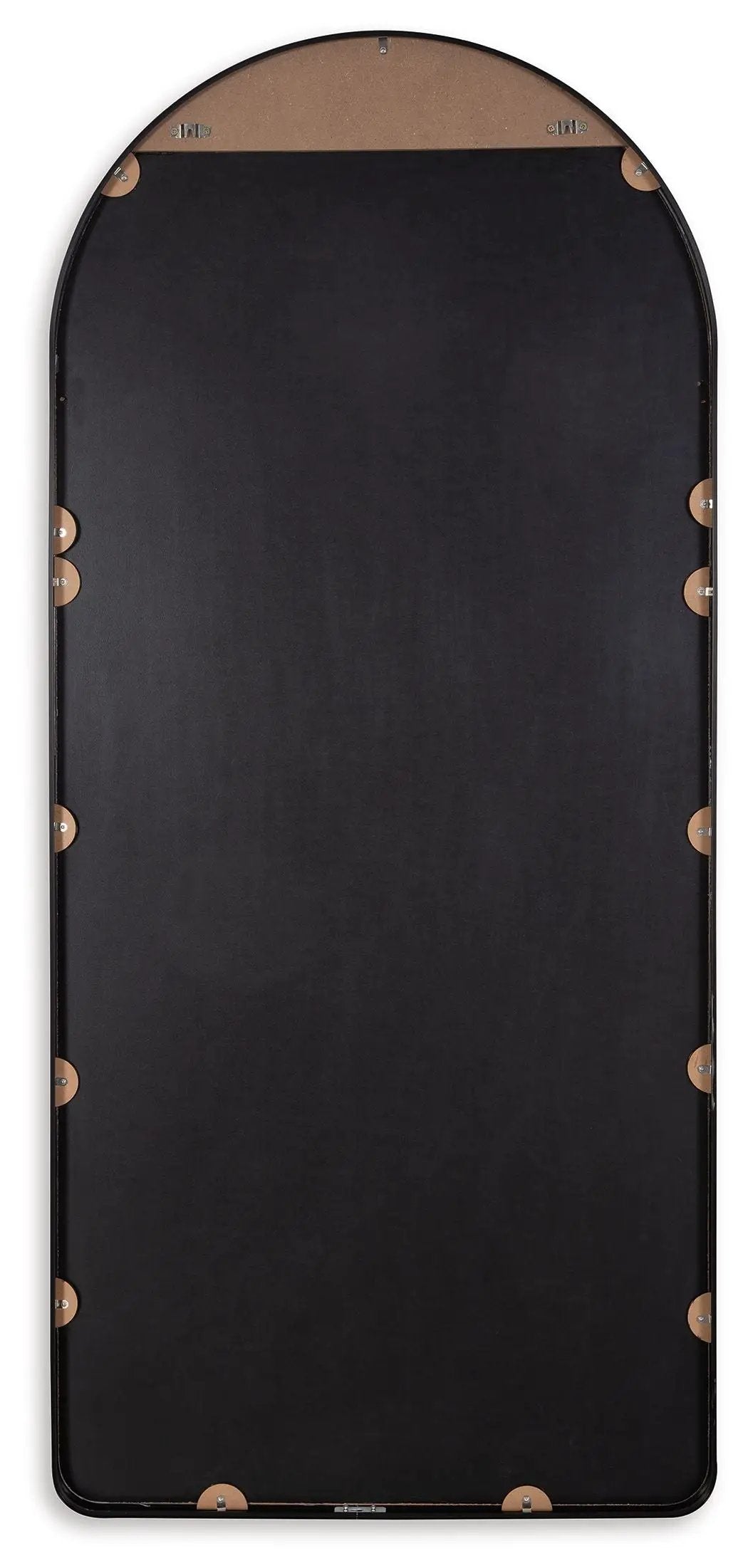 Sethall floor mirror black arched frame with copper-tone mounting discs on Tampa Home & Garden Store