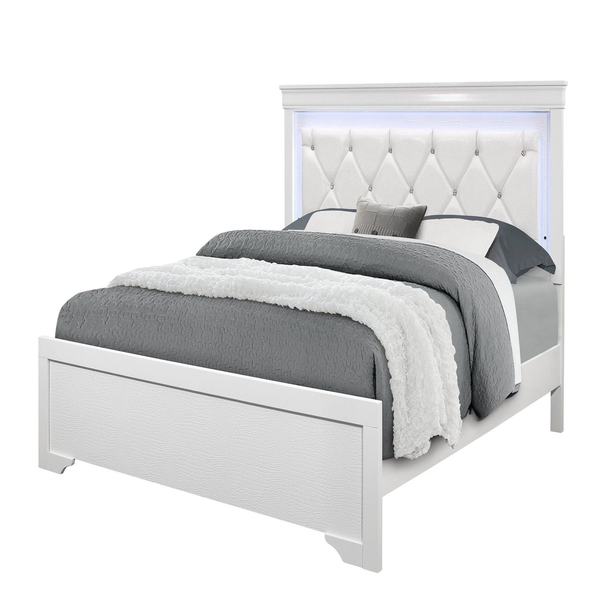 Shaker bed with LED lighting and crystal tufted headboard in white by HouseOfZazla on Tampa Home & Garden Store