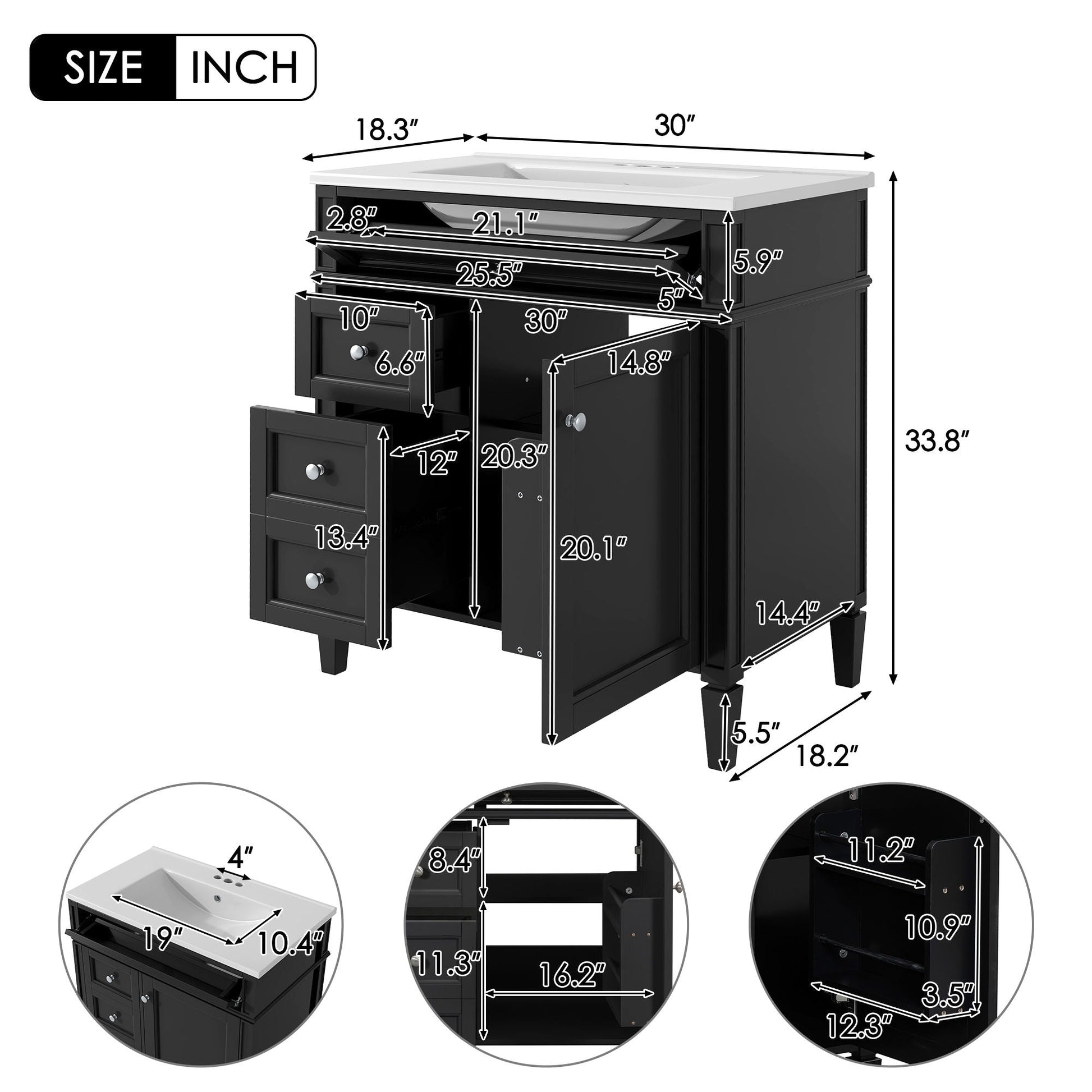 Bathroom vanity with top sink by HouseOfZazla, black base, white top, two-drawer storage on Tampa Home & Garden Store