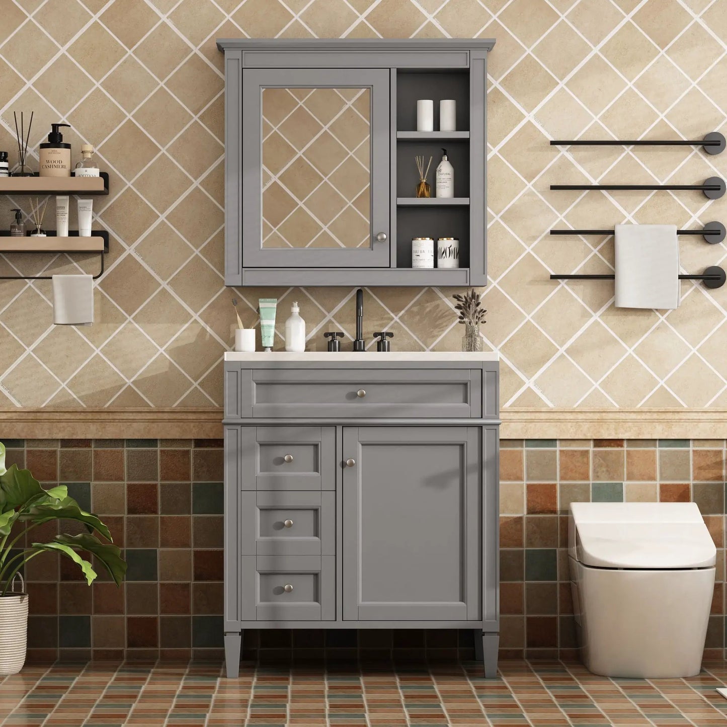 Bathroom vanity with medicine cabinet in gray, 2 soft-closing doors and 4 drawers on Tampa Home & Garden Store