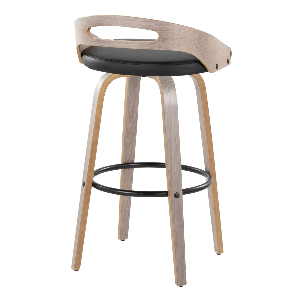 Mid Century Modern fixed-height swivel barstool set with black cushioned seat and wood frame on Tampa Home & Garden Store
