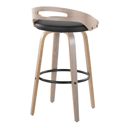 Mid Century Modern fixed-height swivel barstool set with black cushioned seat and wood frame on Tampa Home & Garden Store