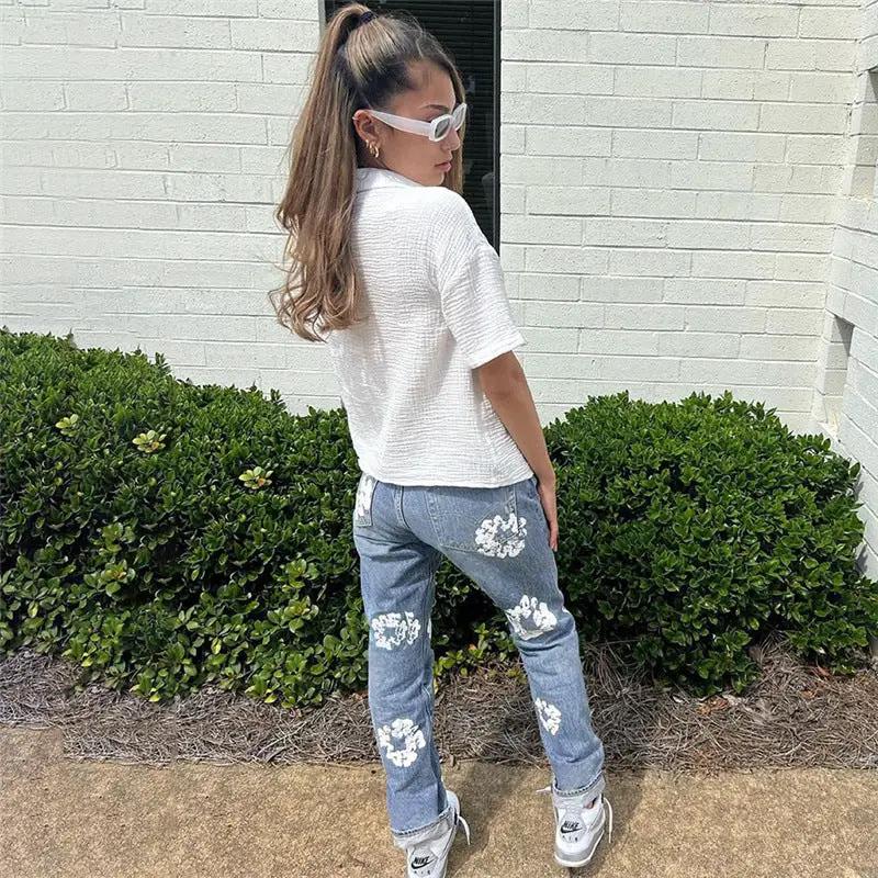 High Waist Straight Jeans For Women light blue denim with white floral prints FLIPSTYLEZLLC on Tampa Home & Garden Store
