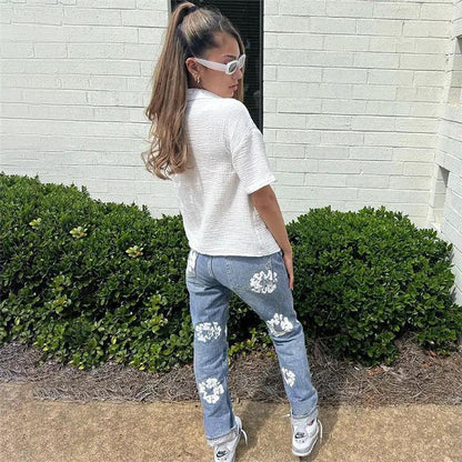High Waist Straight Jeans For Women light blue denim with white floral prints FLIPSTYLEZLLC on Tampa Home & Garden Store