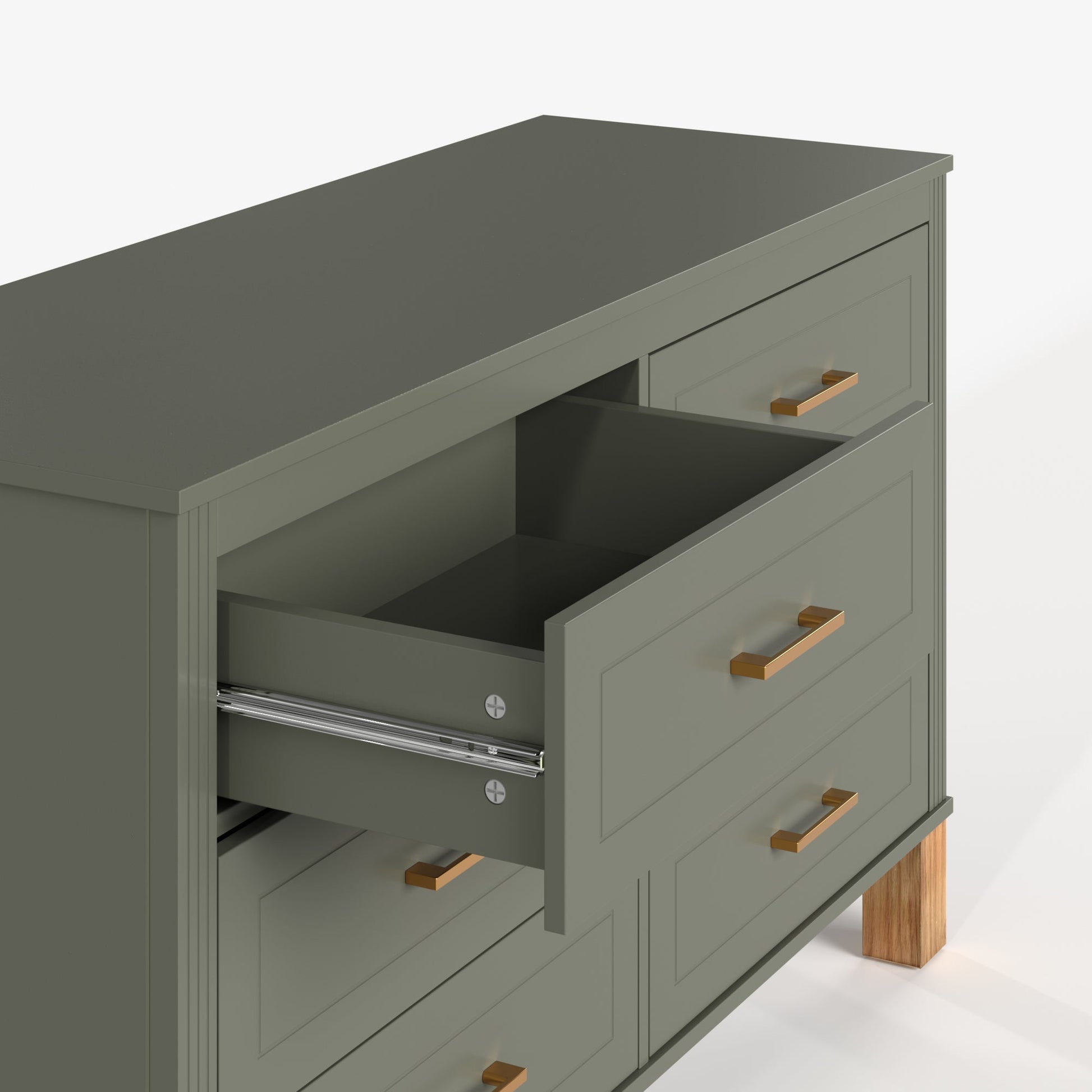 6-drawer olive-green dresser with gold bar pulls and metal slides on Tampa Home & Garden Store
