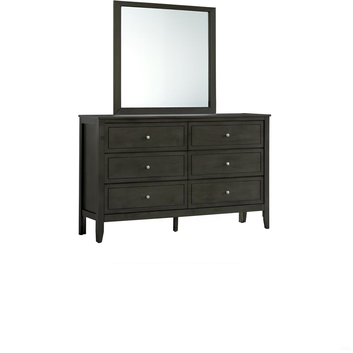 HouseOfZazla 6-drawer dresser in black finish with metal knobs and mirrored top on Tampa Home & Garden Store