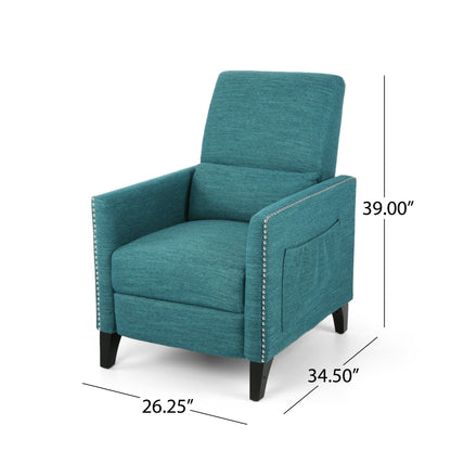 Kiersten Contemporary Fabric Pushback Recliner teal upholstery with nailhead trim on Tampa Home & Garden Store