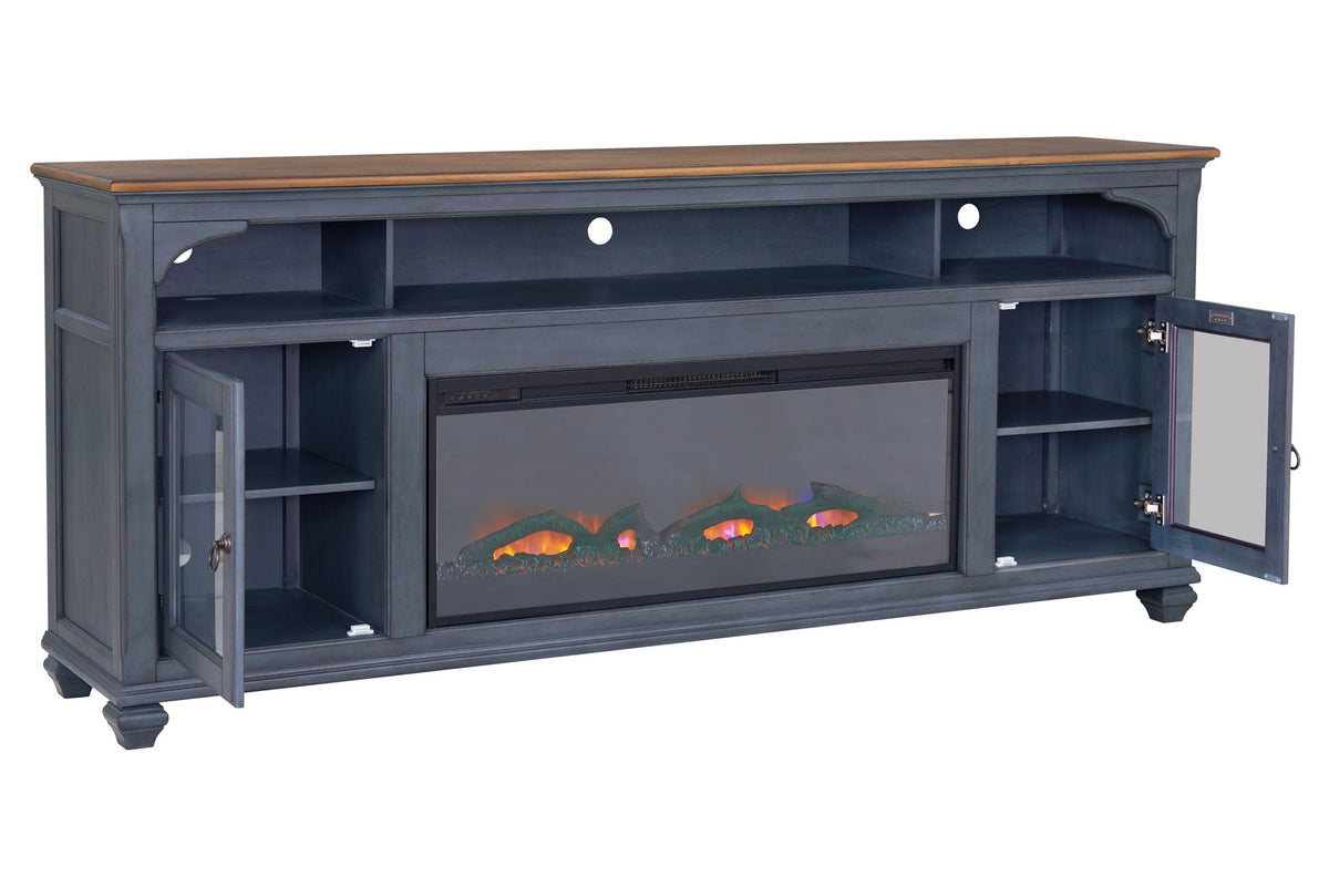 Fireplace TV Stand by HouseOfZazla in blue with glass doors and fireplace insert for 95-inch TVs on Tampa Home & Garden Store