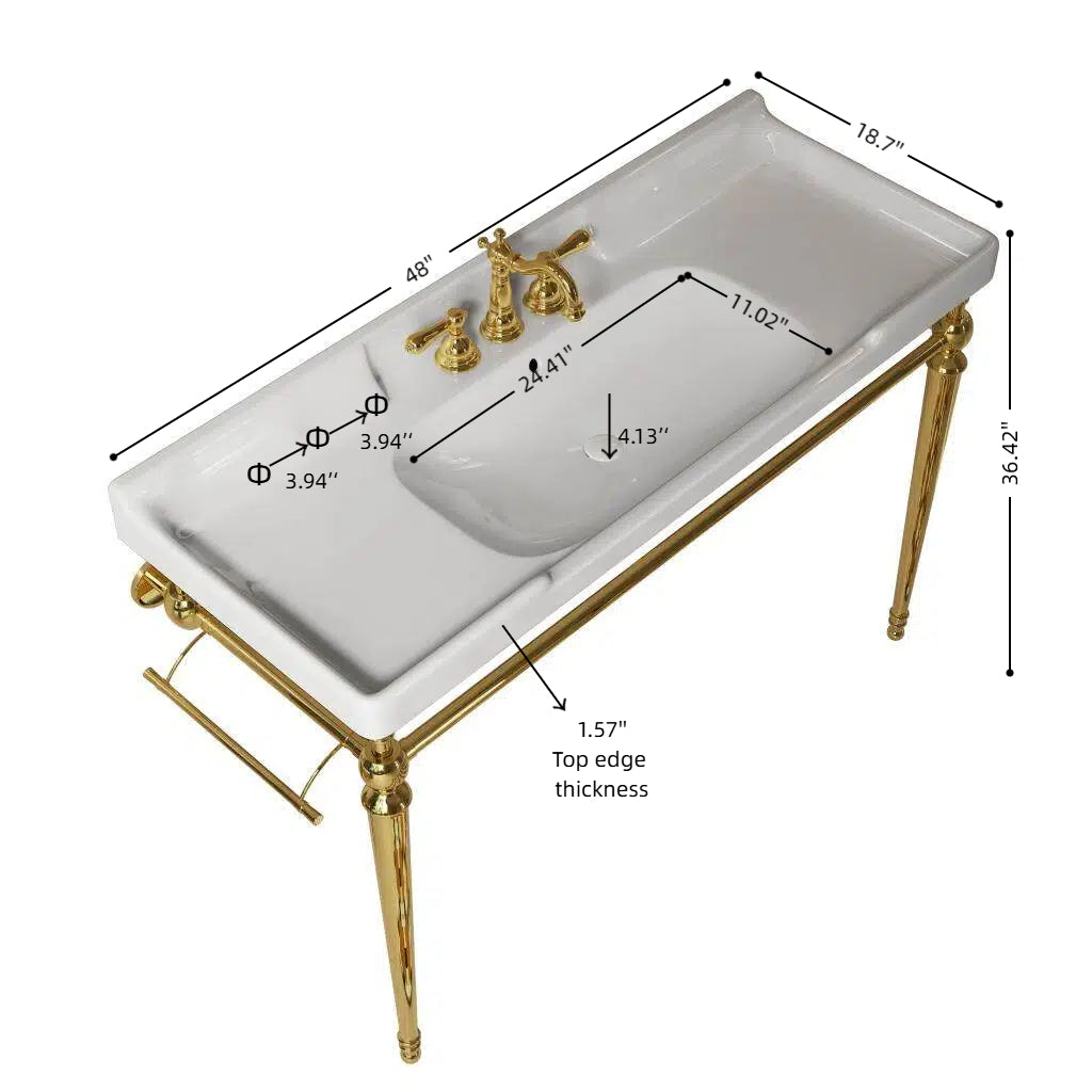 Vici 48 Inch Bathroom Console Sink white porcelain basin with gold legs and gold faucet on Tampa Home & Garden Store
