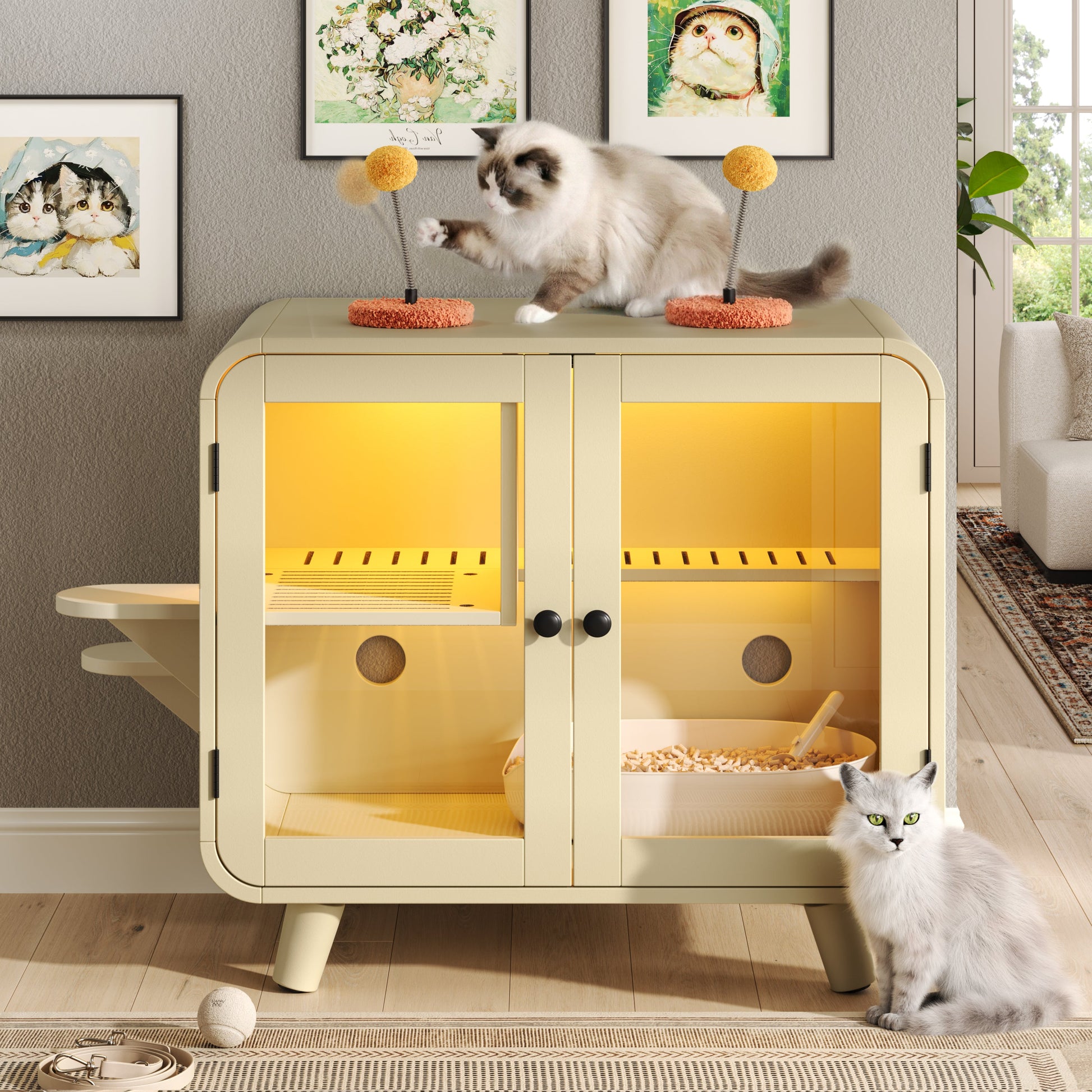 Cat Hidden Litter Box Enclosure with RGB LED, Glass Doors yellow HouseOfZazla furniture on Tampa Home & Garden Store