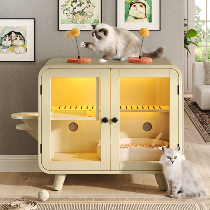 Cat Hidden Litter Box Enclosure with RGB LED, Glass Doors yellow HouseOfZazla furniture on Tampa Home & Garden Store