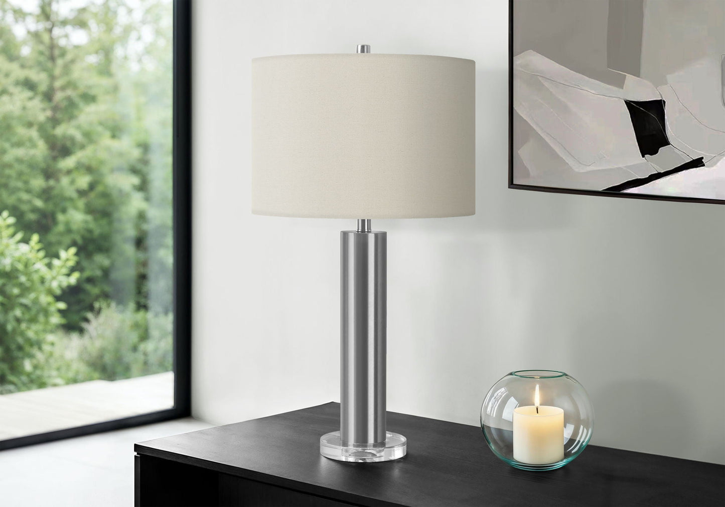 Contemporary table lamp by HouseOfZazla with adjustable lighting, brushed nickel base, beige shade on Tampa Home & Garden Store